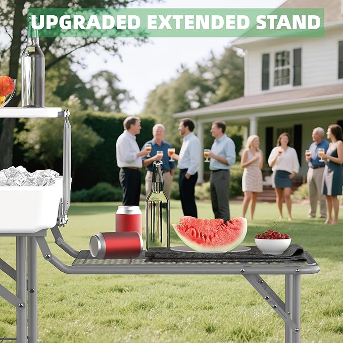 Allpop 2 Tiers Folding Ice Cooler Table with Matching Skirt & Extanded Stand, Portable Party Table with Grid Rack & Drain Hose for Patio Picnic Camping Wedding, White