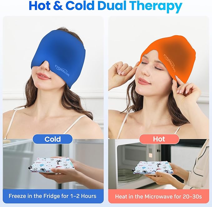 Migraine Relief Cap, Reusable Headache Relief Cap with Hot & Cold Therapy, Soothing Headache Hat, Odorless Gel Ice Head Wrap for Tension, Stress, Sinus & Headache, Beach Style, 1Pc