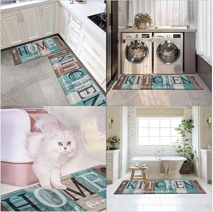Arttown Farmhouse Anti-Fatigue Kitchen Rug Set of 2 Brown Teal Home Sweet Wood Vintage Cushioned Floor Standing Mat Waterproof Non-Slip Kitchen Mat and PVC Ergonomic Comfort Foam Rug