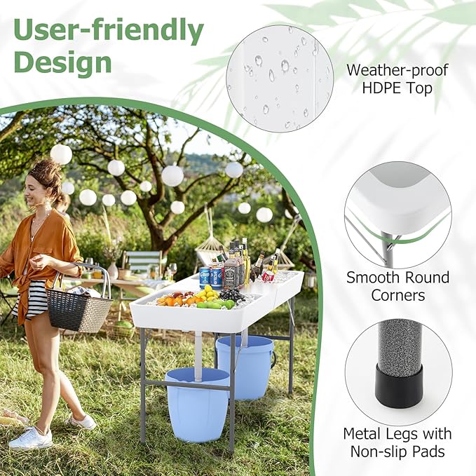 Giantex 5 FT Folding Ice Table with Double Sinks and Drains, Portable Ice Cooler Table with Removable Skirt, No Assembly, Foldable in Half, Fill and Chill Stand for Party Camping BBQ Wedding, White