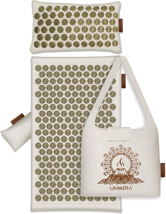 UNMERA Acupressure Mat and Pillow Set/Flower Spikes-Volcanic Stone Heating Back/Neck Pain Relief,Spa-Like Relaxation, Premium Linen & Coconut Fiber Filling, Includes Bag
