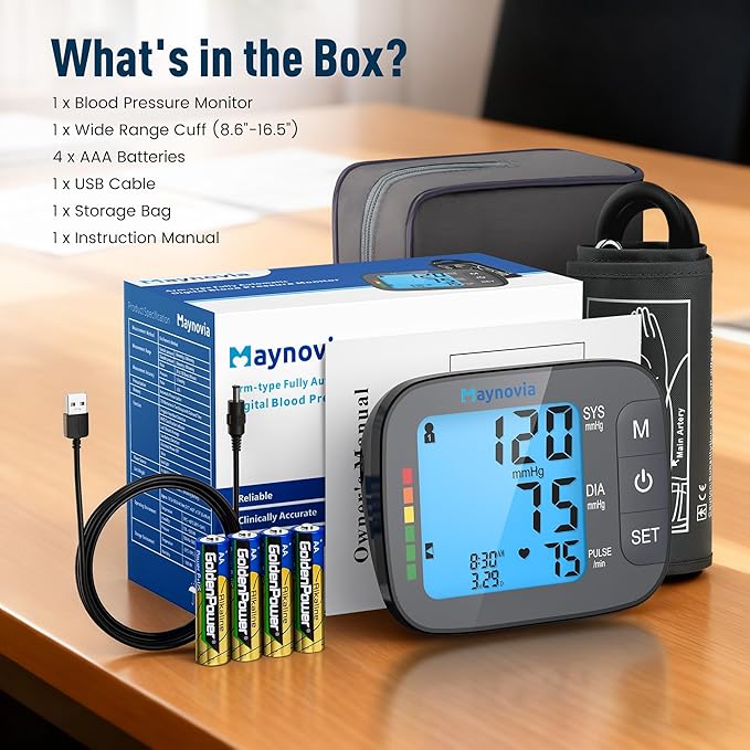 Upper Arm Blood Pressure Monitor with Wide Cuff, Automatic Digital BP Machine for Home Use, Large Backlit Display, Irregular Heartbeat Detection, Includes Storage Bag & 2×60 Memory