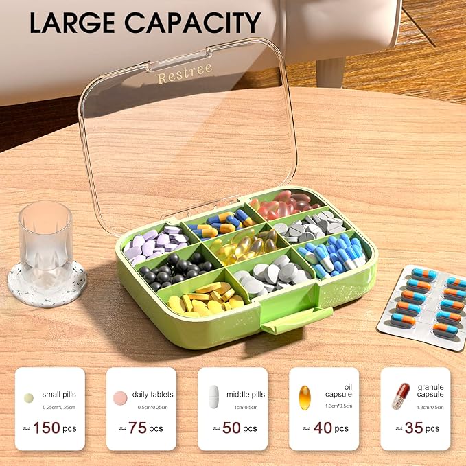 Restree Pill Organizer, Large & Waterproof Travel Pill Case, Adjustable Dividers for Daily Vitamins, Supplements, Fish Oil - Portable Medicine Box for Home & On-The-Go, 9 Compartment (Green)