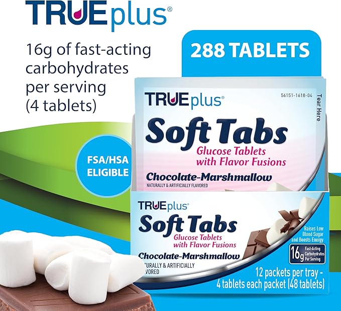 TRUEplus Soft Tabs Glucose Tablets, Chewable, Chocolate Marshmallow Flavor, 16g Fast-Acting Carbohydrates, Fat Free, Gluten Free, Raise Low Blood Sugar and Boost Energy, 4 Count, 72 Packs