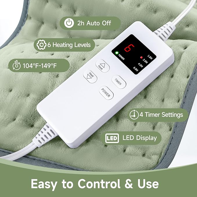 12"x24" Heating Pad for Back Pain Cramps Relief, Full Body Heating Pads Christmas Gift for Women Mom Dad, Heating Pad with 6 Heat Settings 4 Timer Machine Washable (Green)