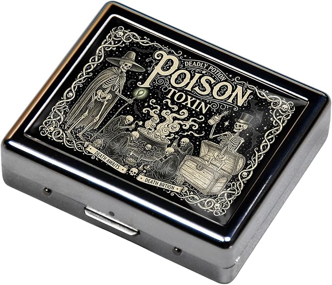 Silver Vintage Pill Box 7 Day Metal Pill Box with Mirror and 8 Compartments Cute Travel Pill Organizer for Purse (The Pharmacist's Skeleton)