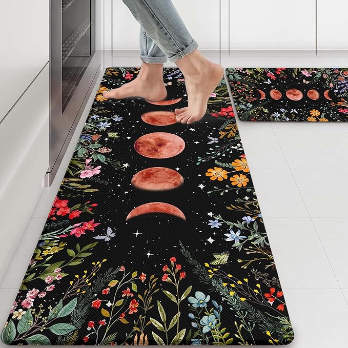 Kitchen Rug Mats for Floor Cushioned Anti Fatigue Black Kitchen Rugs Sets of 2 Moon Garden Floral Non Slip Waterproof Comfort Memory Foam Standing Floor Mat for Office Laundry Sink Desk