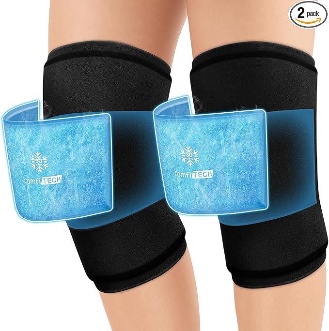 ComfiTECH Dual-Gel Pack Knee Ice Sleeve with Extended 30-Minute Cooling, Detachable Ice Pack & Flexible Reusable Gel Ice Wrap for Soothing Discomfort & Fatigue in Knee, Thigh and Calf, Medium, 2 Packs