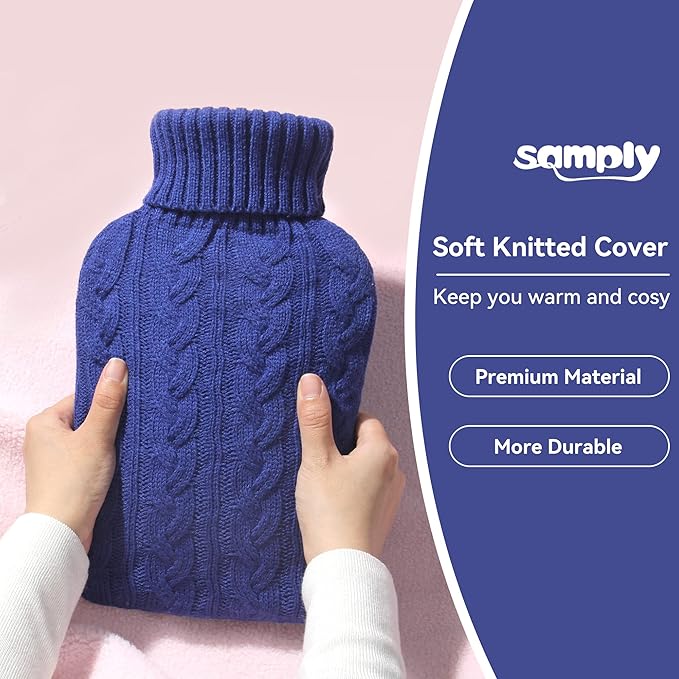 samply Hot Water Bottle with Knitted Cover, 2L Hot Water Bag for Hot and Cold Compress, Hand Feet Warmer, Ideal for Menstrual Cramps, Neck and Shoulder Pain Relief,Navy