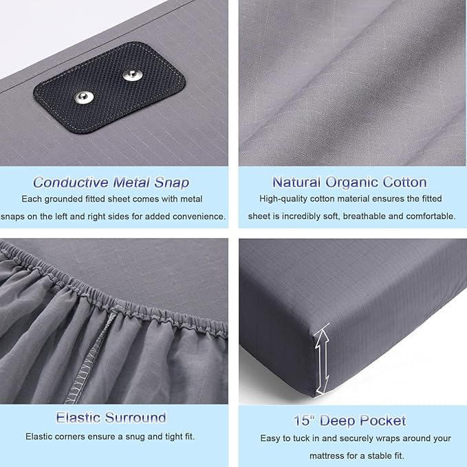 Grounding Sheets for Bed Queen Earthing Fitted Sheet 10% Silver & 90% Organic Cotton Conductive Bed Sheets Kit Earth Connected for Pain Relief Sleep Therapy with Grounding Cord (60"X 80"X 15" White)
