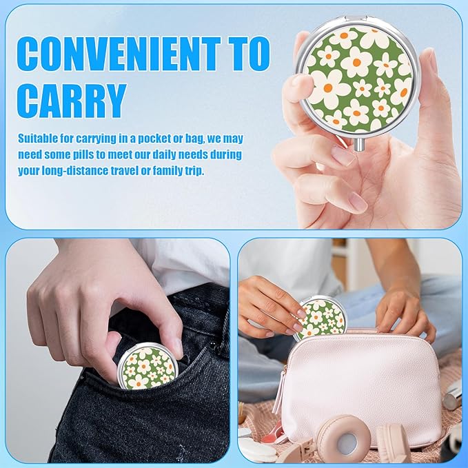 Green Groovy Flower Pill Case, Pill Box 3 Compartments Metal Small Pill Holder with Mirror Mini Travel Pill Container for Purse Pocket Women Men