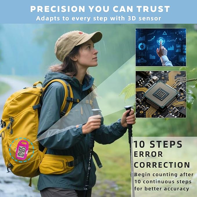 OZO Fitness Clip-on 3D Pedometer for Walking Steps Counter with Lanyard, Simple Exercise Tracker for Women and Seniors with Large Accurate Digital Display, Portable Minimalist Sports Monitor