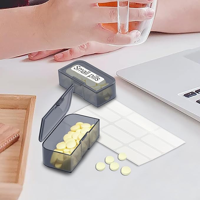 4 Packs Small Pill Organizer Box, Travel Pills Container Vitamin and Portable Daily Mini Medicine Case Holder for Pocket Pharmacy Purse Briefcase with Labels Storage Boxes (Clear Black)