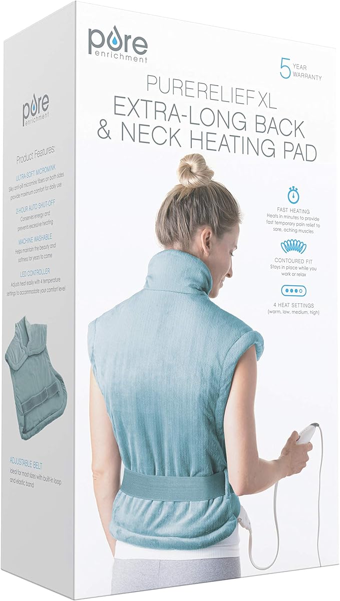 Pure Enrichment PureRelief XL Back & Neck Heating Pad- Safe Heat Therapy for Sore Muscles, Pain, & Cramps in Neck, Back, & Shoulders - 4 Heat Settings w/Auto Shut-Off, Soft Fabric (Sea Glass)