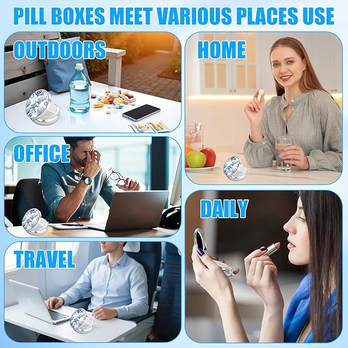 Pill Box, 3 Compartments Small Pill Case Travel Portable Metal Medicine Box with Mirror Mini Container for Purse Pocket Women Men（Starfish Seashell）