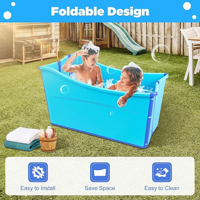 Large Home Foldable Bathtub, Blue Portable Ice Soaking Bath Tub for Adult in Bathroom, Freestanding Tub with 3.6ft Drain Hose & Drain Plug