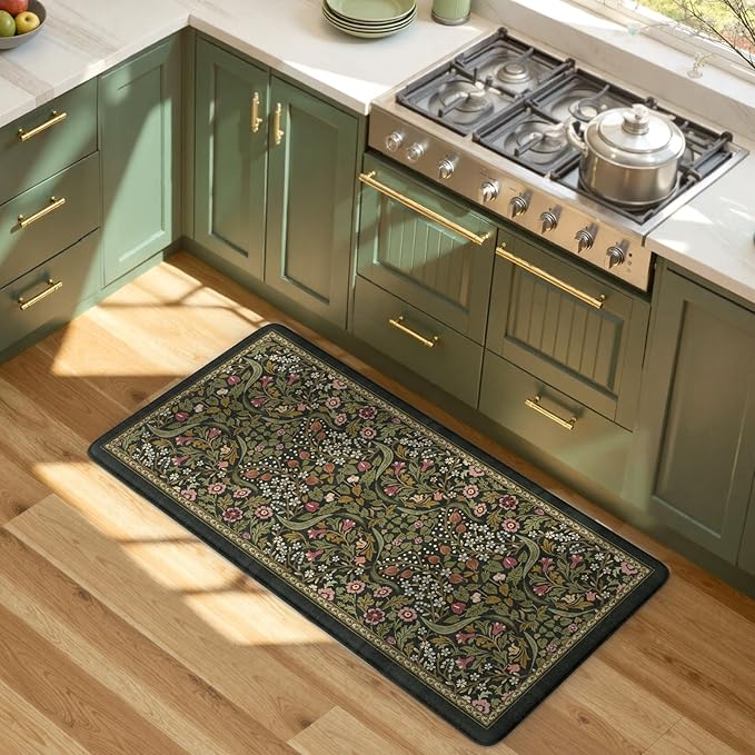 Collive Kitchen Mats for Floor, Cushioned Anti Fatigue Mat Non Slip Waterproof Kitchens Sink Rug, Green Vintage Floral Rugs Comfort Standing Mat for Laundry, Desk, Bar, Office, 20"x39"