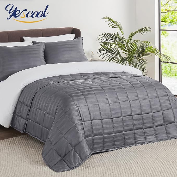 yescool Weighted Blanket for Adults (15 lbs, 48" x 72", Satin Grey Stripes) Heavy Blanket for Sleeping Perfect for 160-180 lbs, Twin Size Breathable Blanket with Premium Glass Bead, Machine Washable