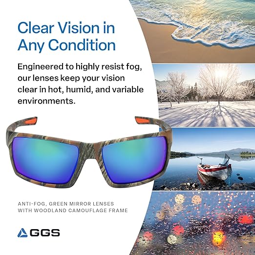 Bullhead Safety Eyewear Amberjack Glasses - Anti-Fog, Lightweight, Impact/Scratch Resistant, UV Blocking Sunglasses for Biking, Fishing, Driving, Green Mirror/Woodland Camo