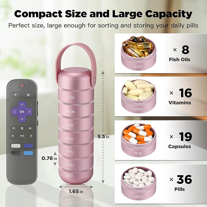 Zannaki Metal Weekly Pill Organizer, Large Travel Pill Box 7 Day, Waterproof Daily Pill Case with Silicone Handle, Aluminum Alloy Portable Pill Holder Container for Vitamin, Medicine, Supplement,Pills
