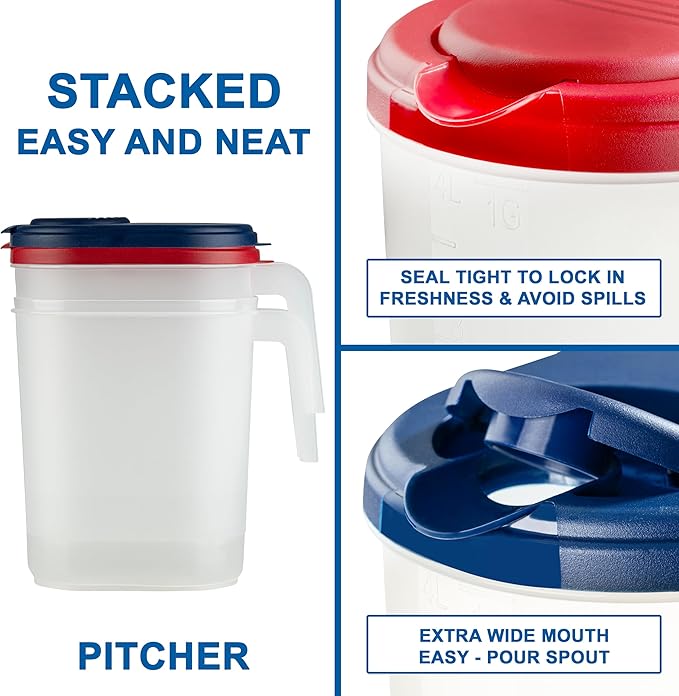 2-Pack Oval Slim Plastic Pitchers With Lids – 1 Gallon, Flip-Top Pivot Spout, Well-Gripped Handle, Water Jug, With Measuring Option, Ideal for Water, Juice & Iced Tea (Blue & Red) BPA Free