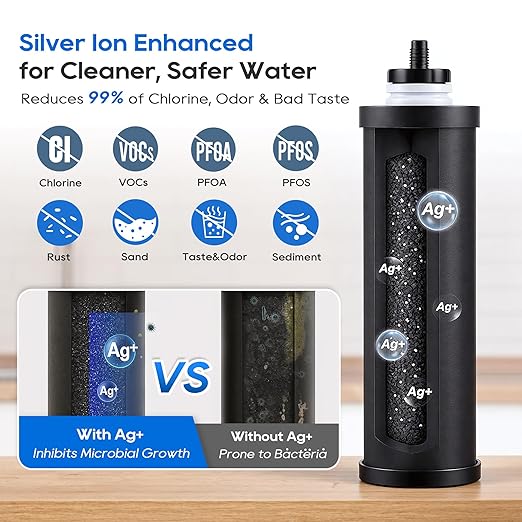 LCF 𝐒𝐢𝐥𝐯𝐞𝐫 𝐈𝐨𝐧𝐬 Enhanced Gravity Water Filter System, Reliable Alternative to Berkey Water Filter System, NSF/ANSI 42&372 Standard, Reduces 99% Chlorine, 6 Filters, Water Level Spigot, 3Gal