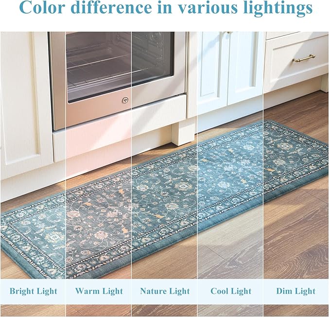KIMODE Kitchen Floor Mats Cushioned Anti Fatigue,Comfort Memory Foam Kitchen Mats for Floor 2 Piece,Boho Vintage Floral Kitchen Rug Non Slip for Laundry Sink Office Home Decor,Blue