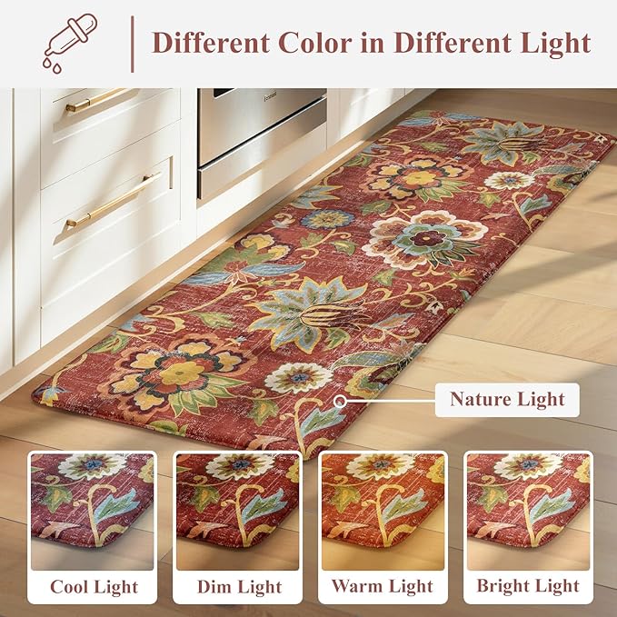 LEEVAN Anti Fatigue Mats for Kitchen Floor 2 Piece,Cushioned Memory Foam Red Kitchen Mats for Floor,Comfort Floral Boho Non Slip Kitchen Floor Mat for Sink,Laundry,Office(17''x29''+17''x47'')