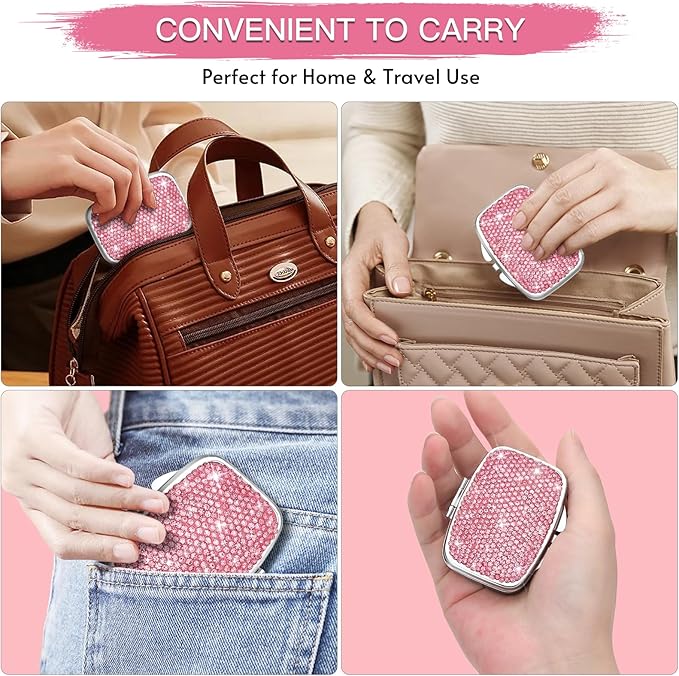 Soleebee Bling Crystal Pill Box, Portable 2 Compartments Daily Pill Organizer, Small Travel Pill Case for Purse or Pocket, Medicine Vitamin Pill Container Organizer (Pink)
