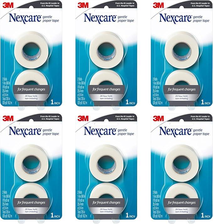 Nexcare Gentle Paper Tape, Medical Paper Tape, Secures Dressings and Lifts Away Gently, 1 in x 10 Yards, 6-Pack (12 Rolls)