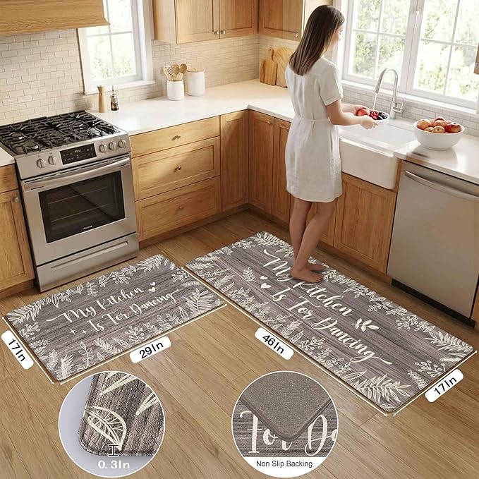 Kitchen Rug Mats for Floor Cushioned Anti Fatigue Gray Kitchen Rugs Sets of 2 Rustic Farmhouse Non Slip Waterproof Comfort Memory Foam Standing Floor Mat for Office Laundry Sink Desk