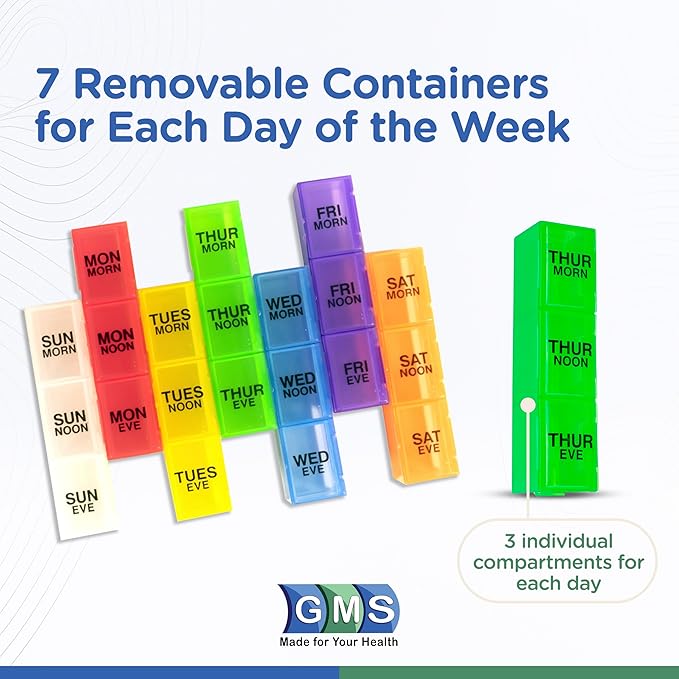 GMS 7-Day 3-Times-a-Day Pill Organizer - With Daily Removable Medication Containers, Suitable for Vitamin & Medicine Use - Secure, Sturdy, Waterproof Weekly Tablet Organizer, Ideal Pill Box for Travel