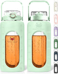 64 Oz Water Bottle with Time Marker & Straw - Light green Pregnancy 2 Liter Glass Water Bottles with Measurements - Daily intake bottle - Leakproof Borosilicate jug