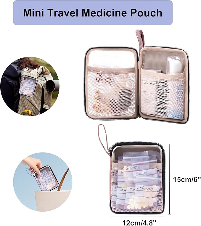 Medicine Storage Bag Pill Bottle Organizer with Portable Small Pouch Travel Medication Bottle Organizer for Emergency Home First Aid Box Kit (Pink)