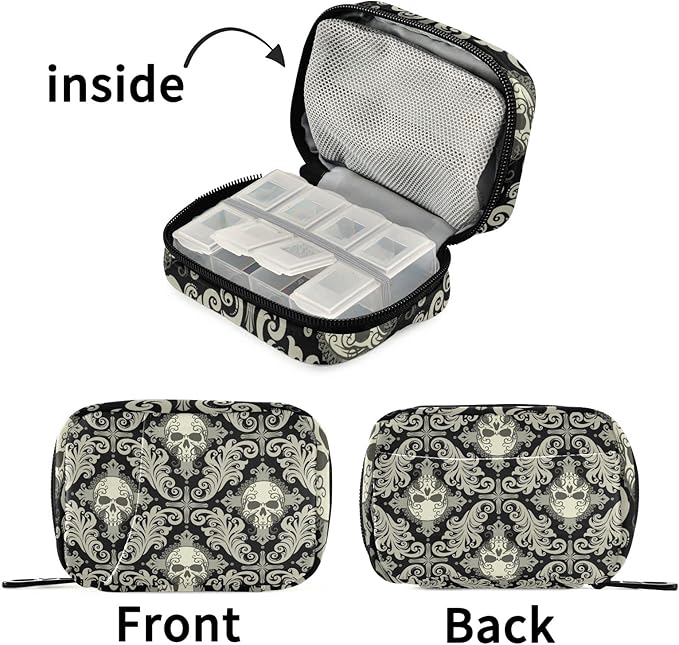 Pill Case Travel Vintage Pill Cases Bag Medicine Vitamin Container Pill Box Organizers Supplement Holder (Skull Damask)