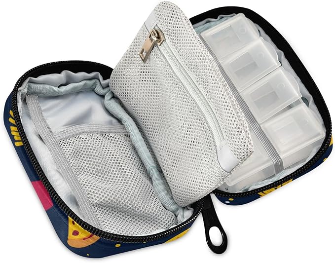 Cute Navy Blue Fast Food Travel Pill Organizer Case Box Container Weekly Portable Vitamin Medicine Holder Storage Bag with Zipper Removable