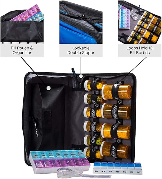 Med Manager Mini Medicine Organizer and Pill Case, Holds (10) Pill Bottles - (6) Standard Size and (4) Large Bottles, Light Blue, 12 inches x 6 inches x 3 inches