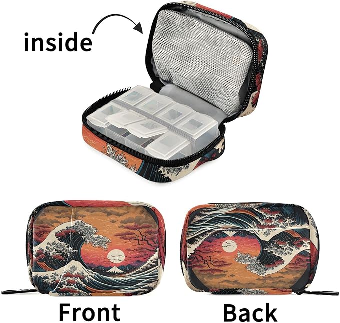 Vnurnrn Pill Case Vintage Japan Wave Print, Pill Box 7 Days Travel Pill Organizer Bag with Zipper, Portable Weekly Case Vitamin Supplement Holder for Travel Daily Use