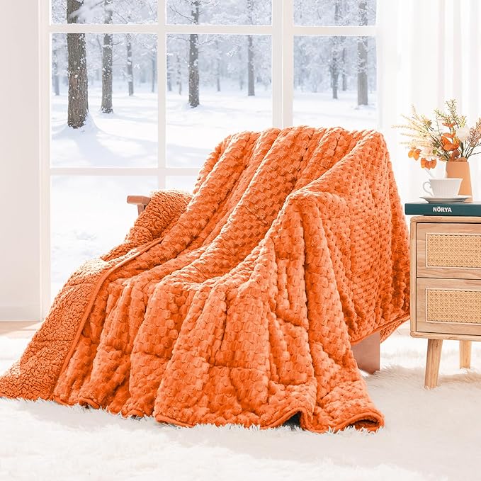 Super Fuzzy Soft Fleece Sherpa Weighted Blanket 15 lbs for Adults, 3D Imitation Turtle Shell Luxury Weighted Throw for Better Sleep, Dual Sided Cozy Heavy Blankets for Couch Bed, Orange, 60" x 80"