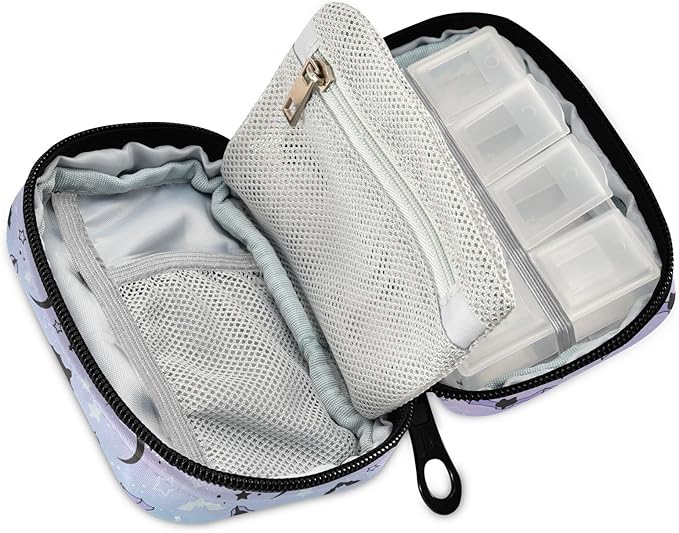 Pill Box Purple Bat Moon 7 Day Pill Case Travel Pill Organizer Bag with Zipper Portable Weekly Vitamin Medicine Supplement Holder Pouch Bag