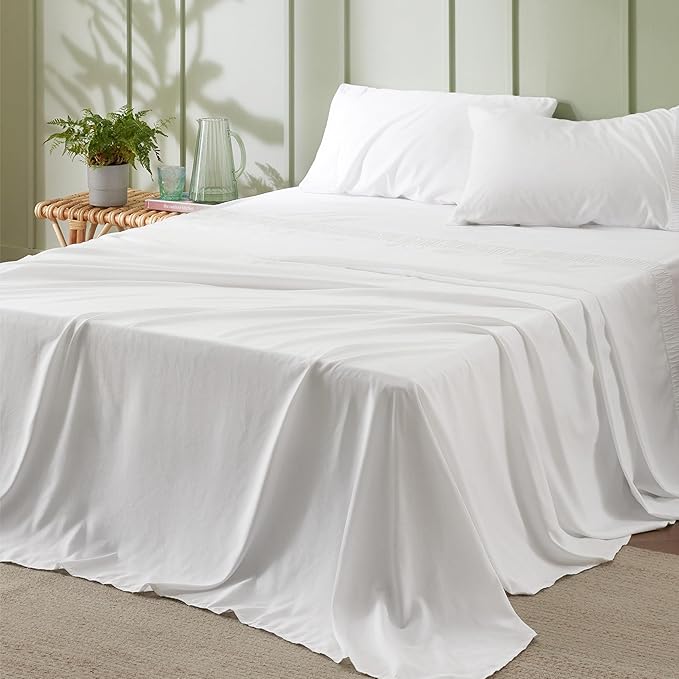 Bedsure California King Sheet Sets - 4 Pieces Soft Cal King Sheets - Breathable & Cooling - Hotel Luxury - Easy Care Polyester Microfiber Bedding for Women, Men, Bright White