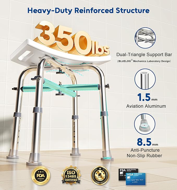 Shower Chair for Inside Shower, FSA/HSA Eligible 350lbs Heavy-Duty Bath Stool with Reinforced Crossbar, Padded Tub Seat, Adjustable Height for Elderly Disabled, Tool-Free Assembly, Rectangular