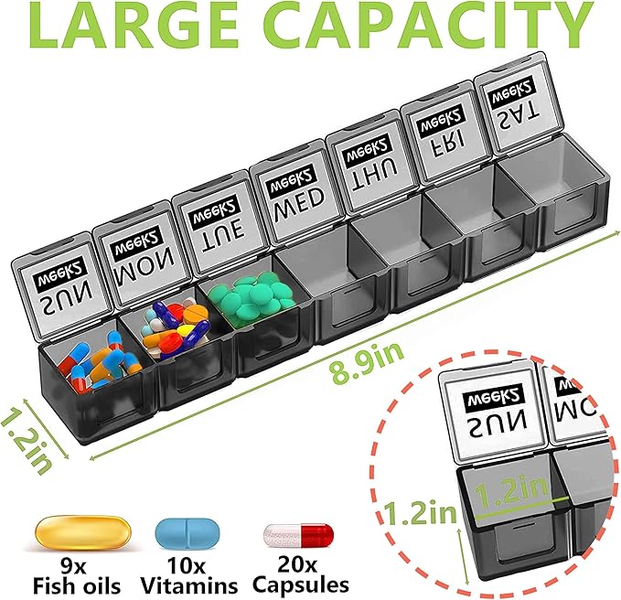 Monthly Pill Organizer 28 Day Pill Box Organizerd, Large 4 Weeks One Month Pill Cases with Dust-Proof Container for Pills, Vitamin, Fish Oil, Supplements (Black)