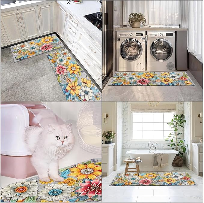 Arttown Boho Anti-Fatigue Kitchen Rug Set of 2 Colorful Floral Mandala Cushioned Floor Standing Mat Waterproof Non-Slip Mat and PVC Ergonomic Comfort Foam Rug