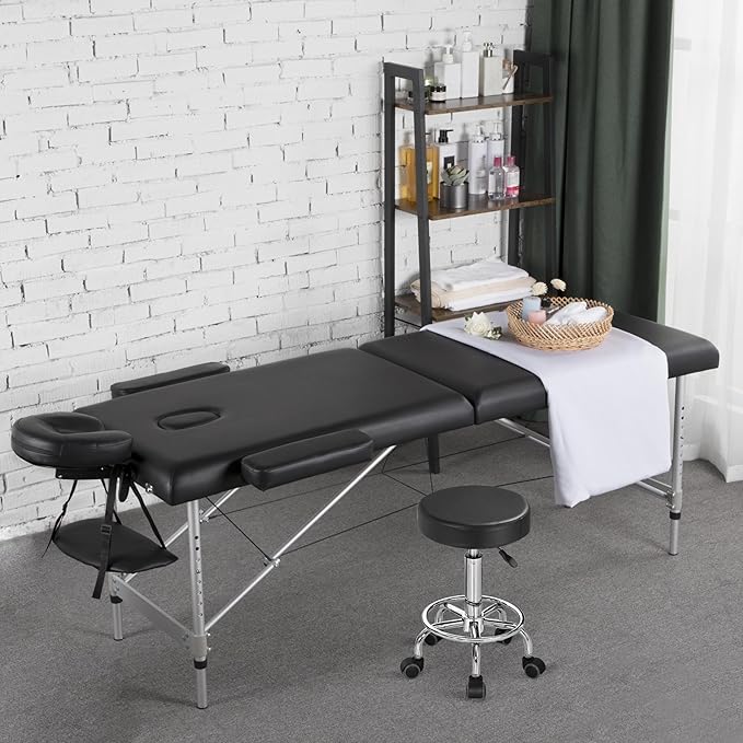 Yaheetech Aluminium 2 Folding Massage Table with Rolling Stool Portable Massage Bed Spa Bed Stool Adjustable Swivel Salon Chair Massage Therapy Table with Headrest & Armrest Black
