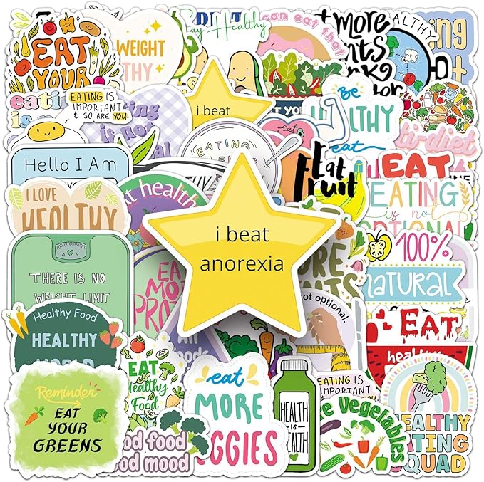 50pcs Healthy Diet Stickers,Healthy Eating Stickers Fruit & Vegetable Meal Decorative Stickers, Self-Adhesive for Scrapbooking, Kitchen Decoration, Weight Loss Plan Recordin