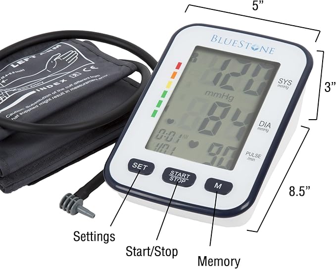 Bluestone Automatic Blood Pressure Cuff - Electronic Digital Blood Pressure Cuff Wrist and Upper Arm Heart Monitor with LCD Screen - Personal Health Tracking Device for Hypertension