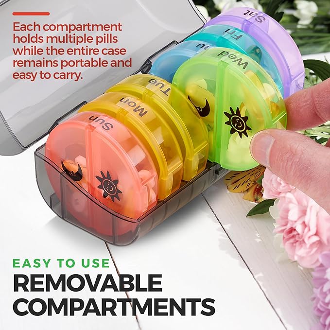 Weekly Pill Organizer - 2 Times-A-Day Compartments - 7 Day AM/PM Pill Container - Portable, Durable and Convenient Travel Pills Case for Tablets, Fish Oils, Vitamins and Supplements, Rainbow, 1 Pack