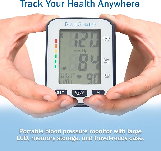 Bluestone Automatic Blood Pressure Cuff - Electronic Digital Blood Pressure Cuff Wrist and Upper Arm Heart Monitor with LCD Screen - Personal Health Tracking Device for Hypertension