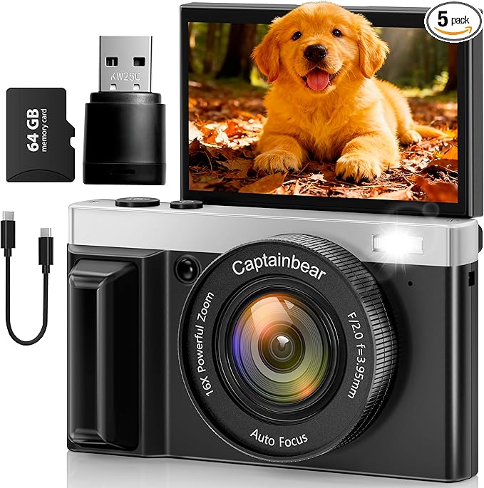 4K Digital Camera,64MP Cameras for Photography with 16X Digital Zoom, AutoFocus Vlogging Camera for YouTube, 3" 180°Flip Screen Compact Travel Camera, Anti-Shake 4K Video Cameras (Silver-Black)